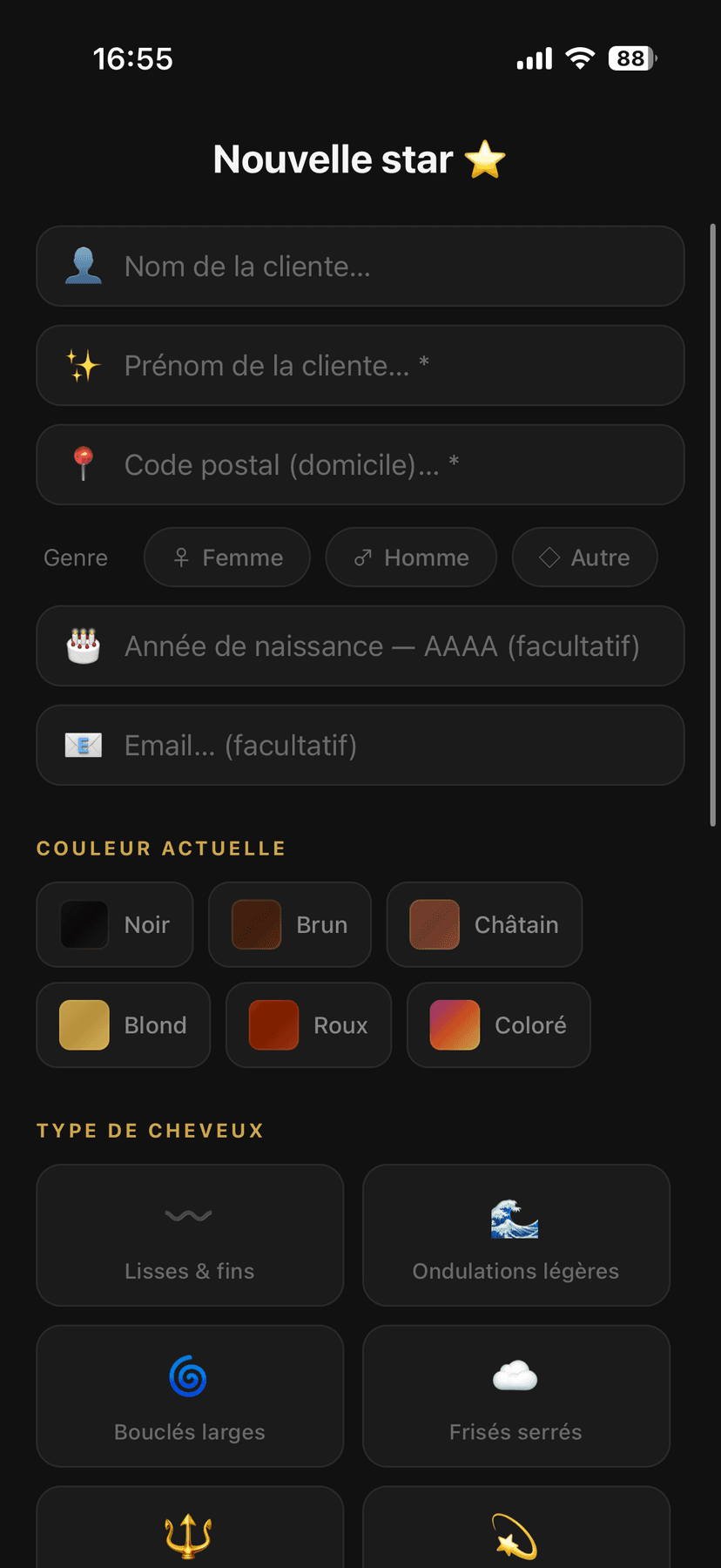 Création d'une fiche cliente — couleur actuelle et type de cheveux