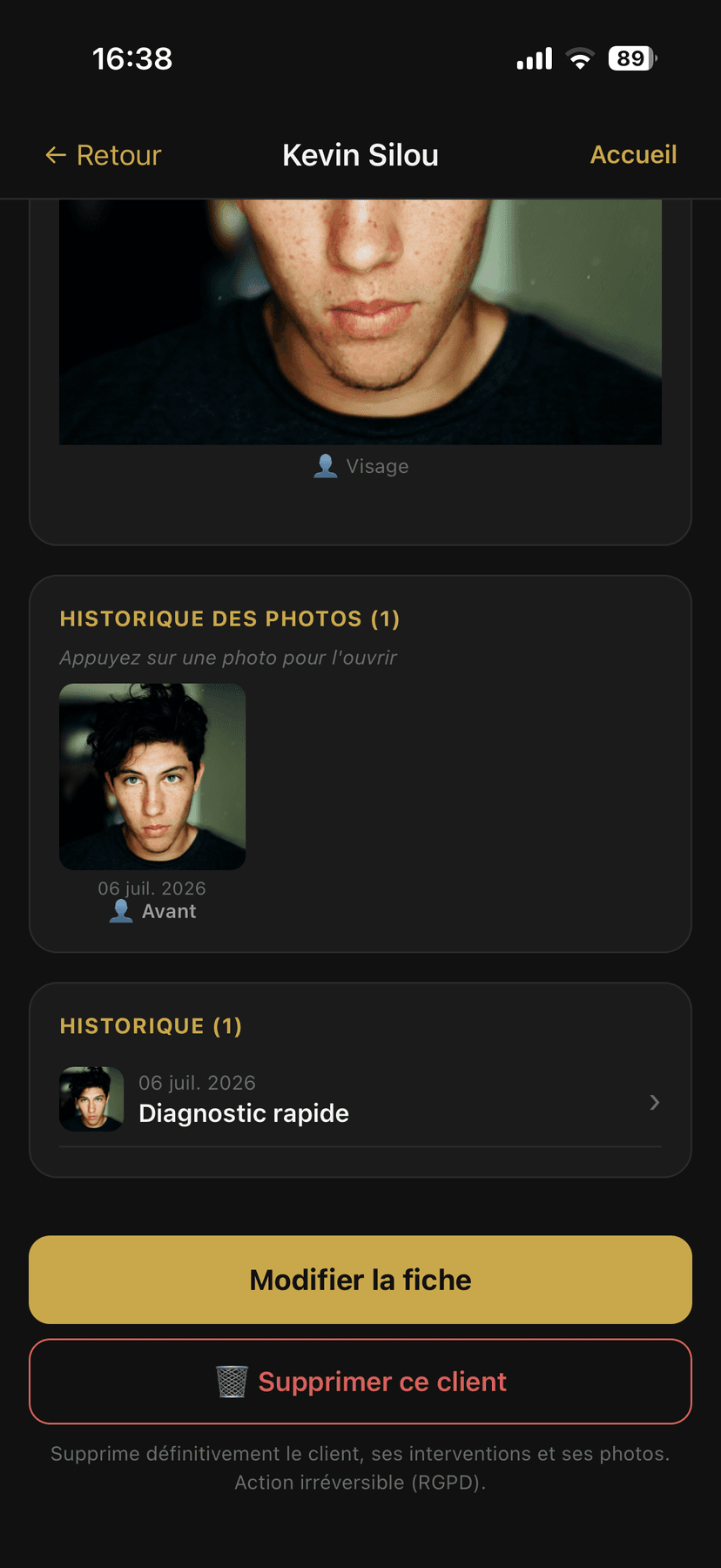 Fiche cliente — historique des photos et des prestations