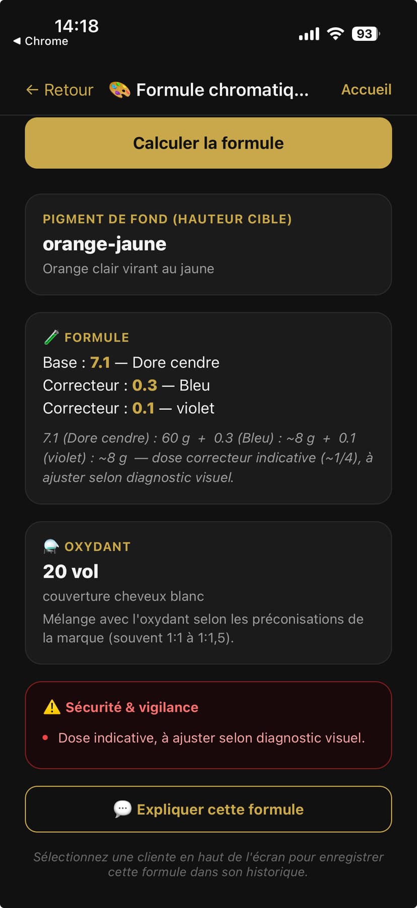 Formule calculée — base, correcteurs, dosages et oxydant