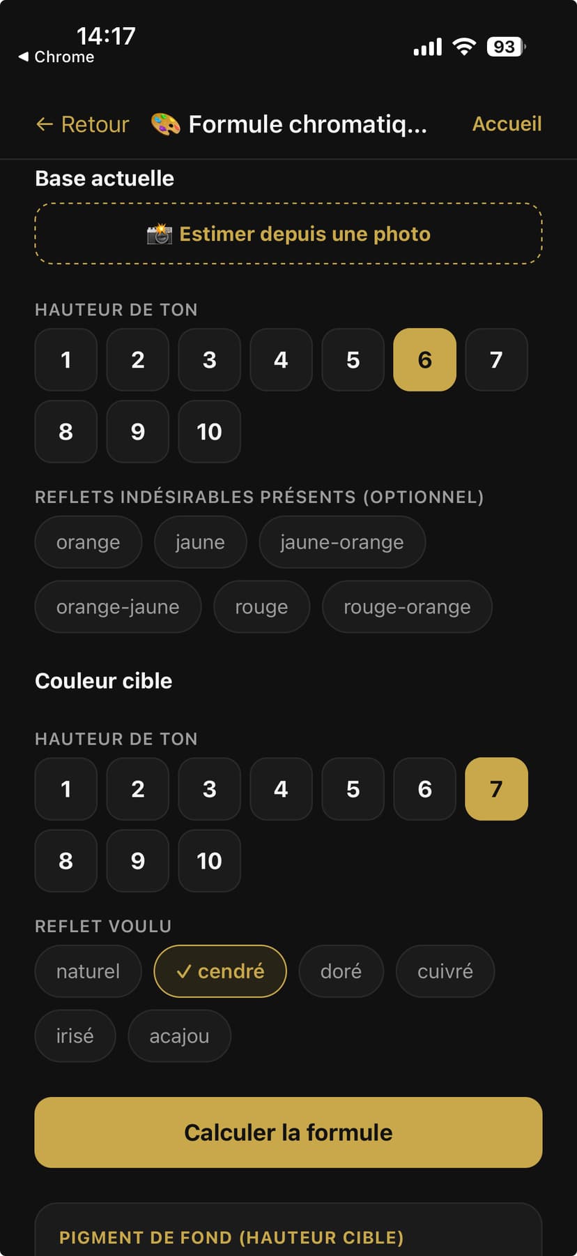 Formule chromatique — base actuelle et couleur cible