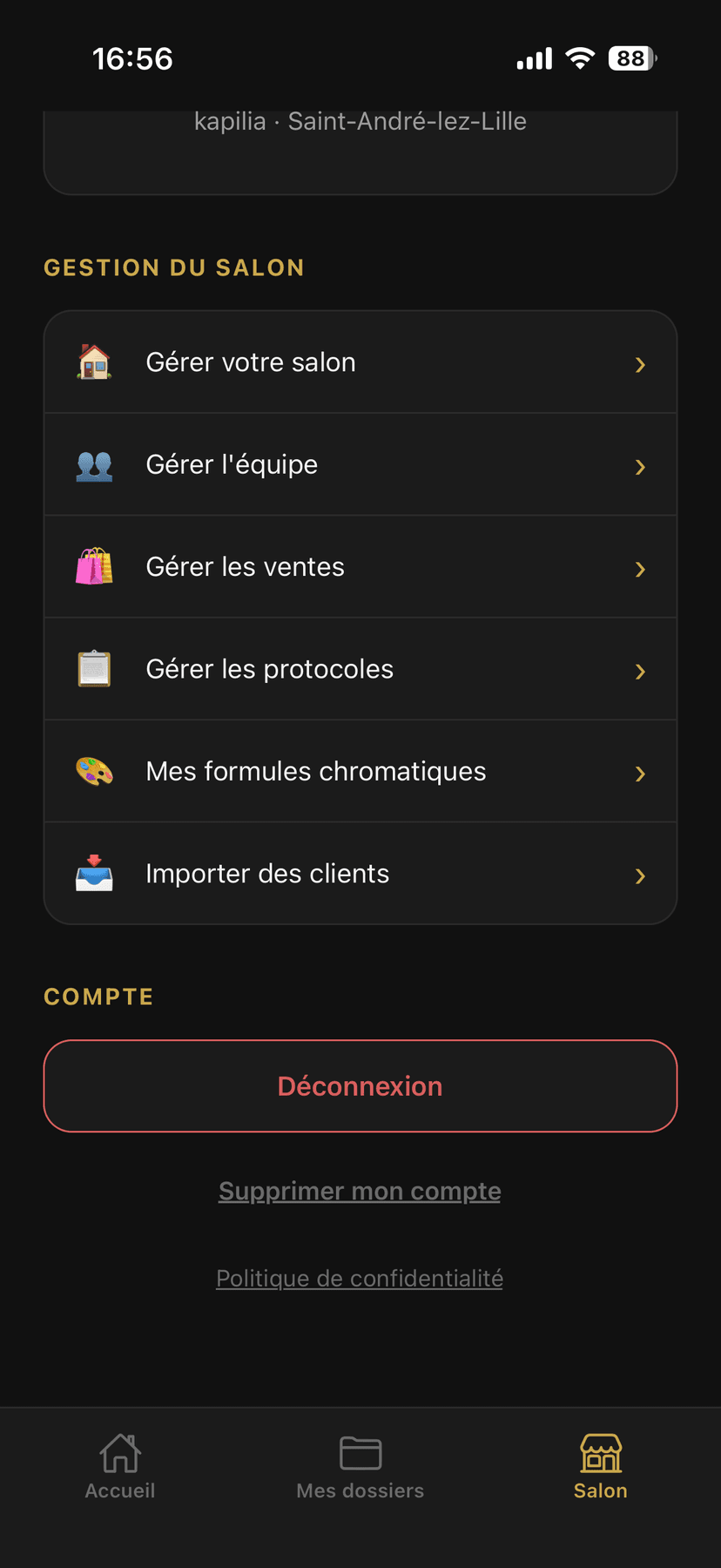 Menu de gestion du salon — équipe, ventes, protocoles, formules